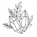 Vector line drawing, graphic. mystical, magic esoteric composition. crystal and leaves. celestial Royalty Free Stock Photo